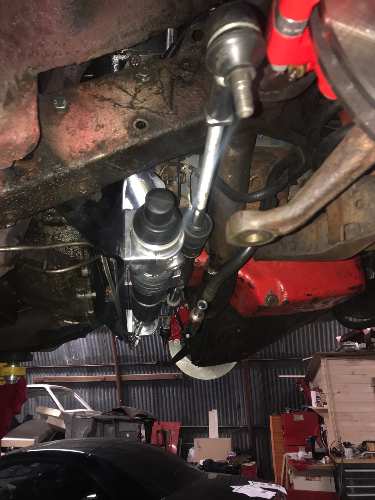 Underside view of the Galaxie front suspension with the steering rack fitted
