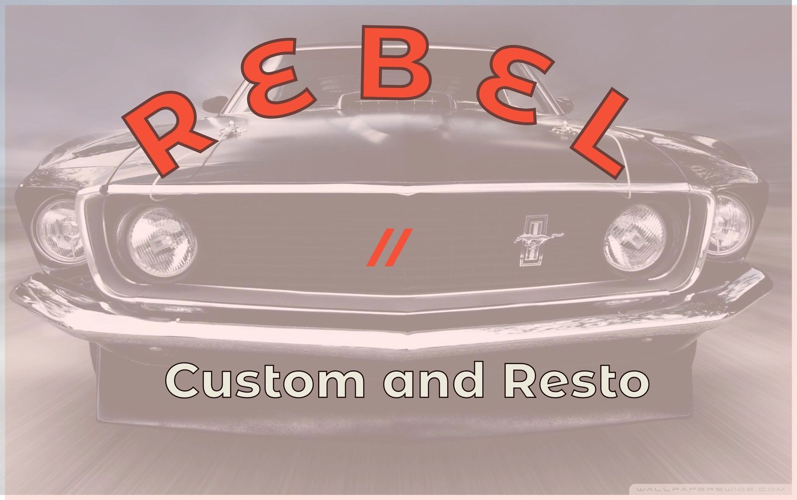 Rebel Custom and Restoration logo: the word REBEL in red arched lettering over a faded front view of a classic Mustang
